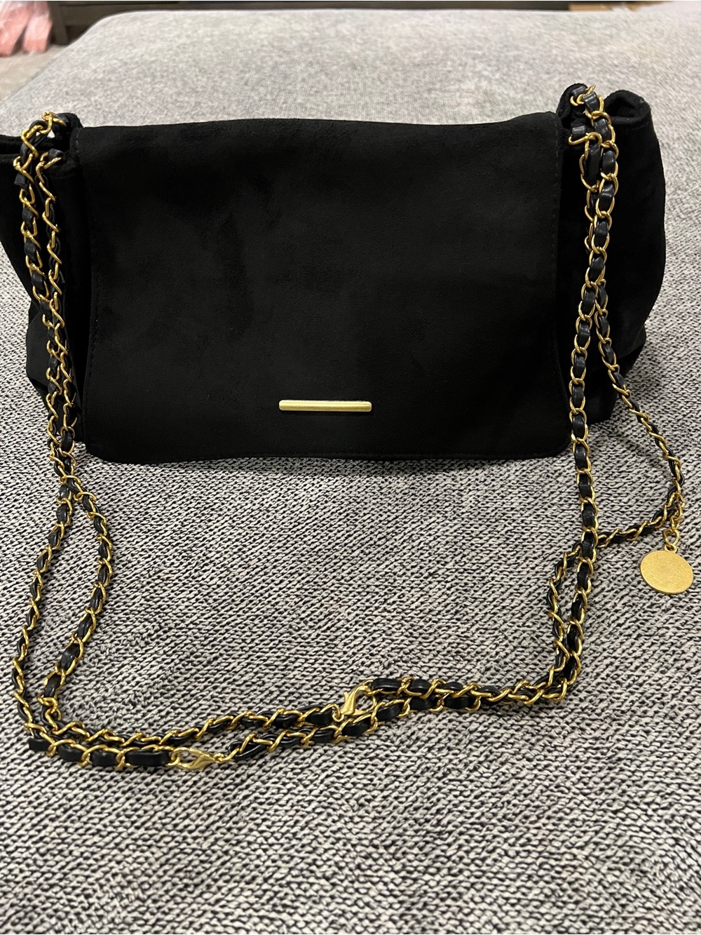 Black Suede Chain-Detail Shoulder Bag
